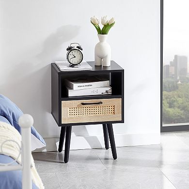 Modern Rattan End Table with Drawer and Solid Wood Legs Nightstand Side Table