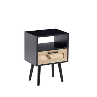 Modern Rattan End Table with Drawer and Solid Wood Legs Nightstand Side Table