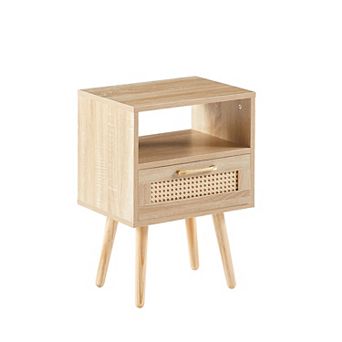 Modern Rattan End Table with Drawer and Solid Wood Legs Nightstand Side Table