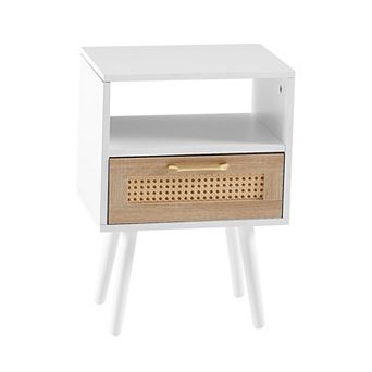 Modern Rattan End Table with Drawer and Solid Wood Legs Nightstand Side Table