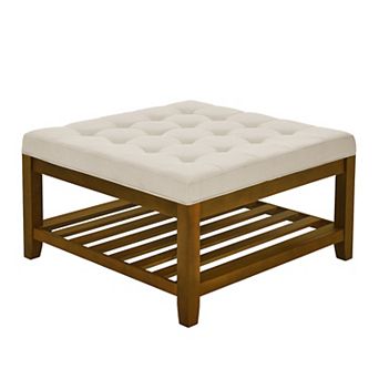 Ivory Upholstered Square Ottoman Coffee Table with Tufted Linen and Beech Wood Shelf