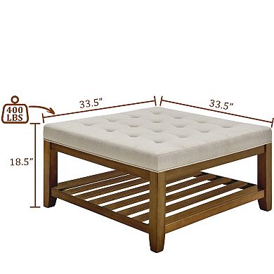 Ivory Upholstered Square Ottoman Coffee Table with Tufted Linen and Beech Wood Shelf