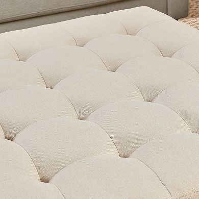 Ivory Upholstered Square Ottoman Coffee Table with Tufted Linen and Beech Wood Shelf