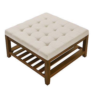 Ivory Upholstered Square Ottoman Coffee Table with Tufted Linen and Beech Wood Shelf