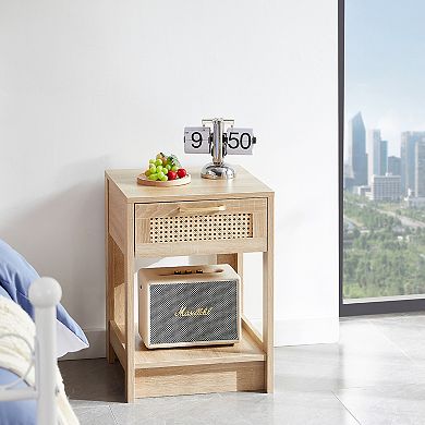 Modern Rattan End Table with Drawer Nightstand Side Table