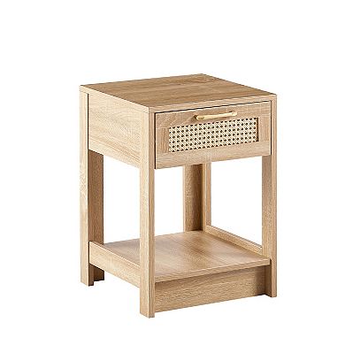 Modern Rattan End Table with Drawer Nightstand Side Table