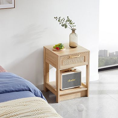 Modern Rattan End Table with Drawer Nightstand Side Table