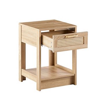 Modern Rattan End Table with Drawer Nightstand Side Table