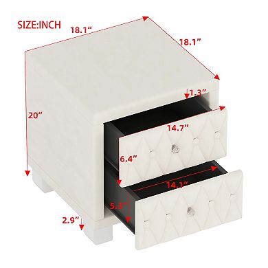 Nightstand with Crystal Handle 2-Drawer Button-Tufted Bedside Table