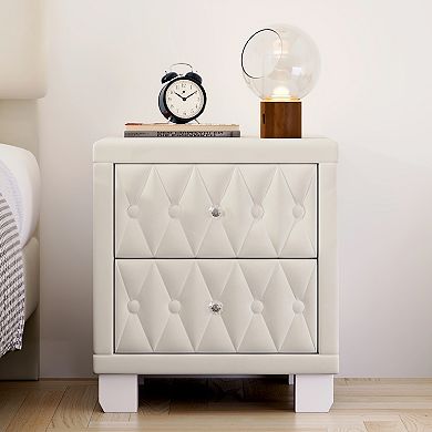 Nightstand with Crystal Handle 2-Drawer Button-Tufted Bedside Table