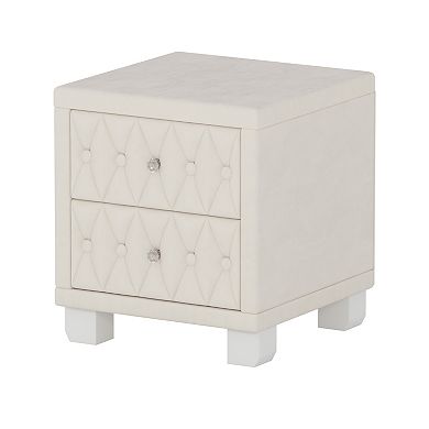 Nightstand with Crystal Handle 2-Drawer Button-Tufted Bedside Table