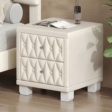 Nightstand with Crystal Handle 2-Drawer Button-Tufted Bedside Table