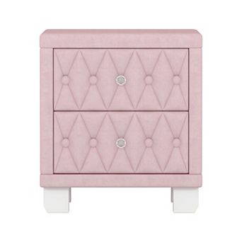 Nightstand with Crystal Handle 2-Drawer Button-Tufted Bedside Table