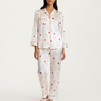 Women's 2 pc Set Heart Print Satin Button Front Pajama Top and Matching Relaxed Fit Pants