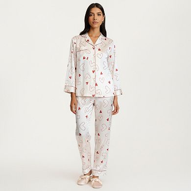Women's 2-Piece Set Heart Print Satin Button Front Pajama Top and Matching Relaxed Fit Pants