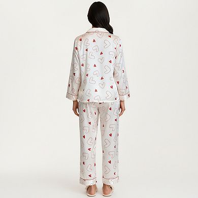 Women's 2-Piece Set Heart Print Satin Button Front Pajama Top and Matching Relaxed Fit Pants