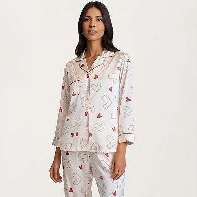 Women's 2-Piece Set Heart Print Satin Button Front Pajama Top and Matching Relaxed Fit Pants