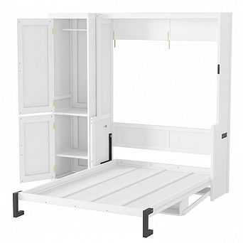 Whisen Queen Size Wood Murphy Bed with Wardrobe, Desk, Gas Struts and Charging Station