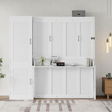 Whisen Queen Size Wood Murphy Bed with Wardrobe, Desk, Gas Struts and Charging Station