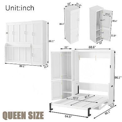 Whisen Queen Size Wood Murphy Bed with Wardrobe, Desk, Gas Struts and Charging Station