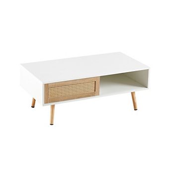 Modern Rattan Coffee Table with Sliding Door Storage and Solid Wood Legs