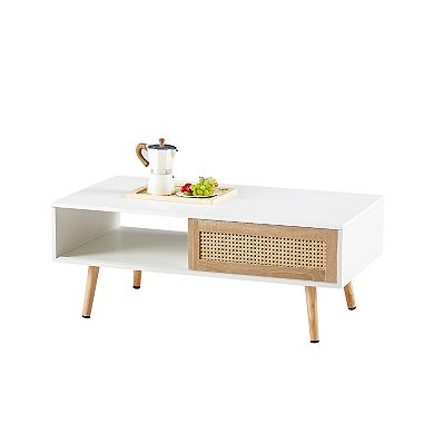 Modern Rattan Coffee Table with Sliding Door Storage and Solid Wood Legs
