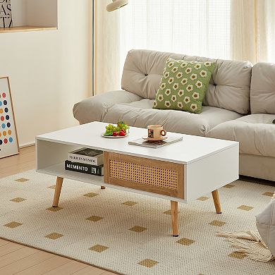 Modern Rattan Coffee Table with Sliding Door Storage and Solid Wood Legs