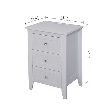 Modern White 3 Drawer Charging Nightstand USB Power Outlets