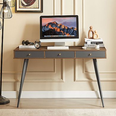 GOODSILO Mid-Century Modern Writing Desk with Three Drawers for Home Office and Study