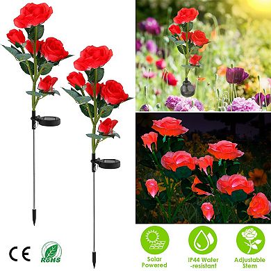 2Pcs Solar Rose Flower LED Garden Lights, Waterproof Outdoor Pathway Yard Stakes