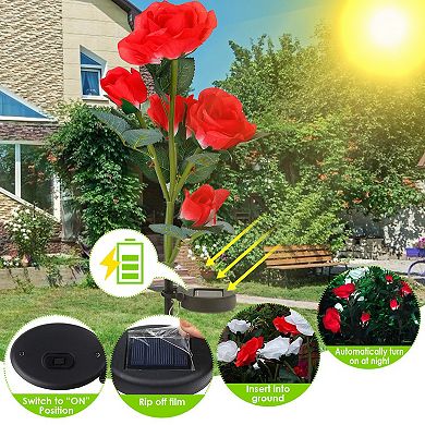 2Pcs Solar Rose Flower LED Garden Lights, Waterproof Outdoor Pathway Yard Stakes