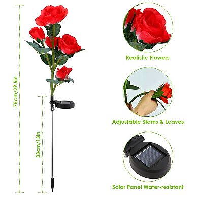 2Pcs Solar Rose Flower LED Garden Lights, Waterproof Outdoor Pathway Yard Stakes