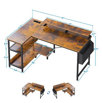 Reversible L-Shaped Corner Desk with Built-in Power Outlets and Storage Shelves
