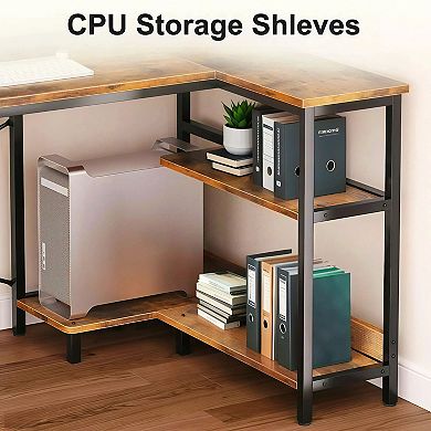Reversible L-Shaped Corner Desk with Built-in Power Outlets and Storage Shelves