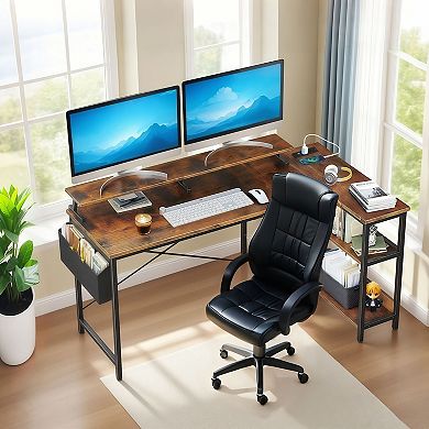 Reversible L-Shaped Corner Desk with Built-in Power Outlets and Storage Shelves