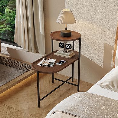 Modern 2-Tier Wood Side Table with Storage Shelf in Walnut Brown