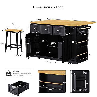 Kitchen Island With 2 Bar Stools, Drop Leaf, Power Outlet, Open Racks and Drawers on Wheels