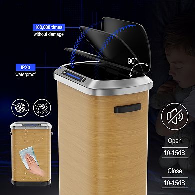 50L Automatic Smart Sensor Trash Can with Wood Grain Finish, Stainless Steel