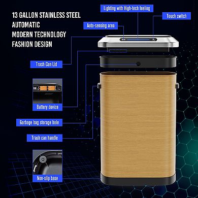 50L Automatic Smart Sensor Trash Can with Wood Grain Finish, Stainless Steel