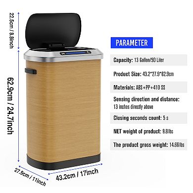 50L Automatic Smart Sensor Trash Can with Wood Grain Finish, Stainless Steel