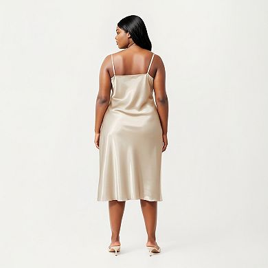 Women's PLus Size Satin Midi Slip Dress with Draped Neckline and Smooth Glossy Fabric