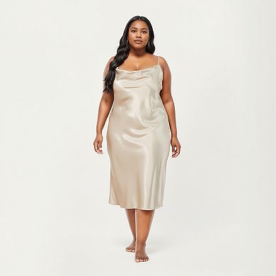 Women's PLus Size Satin Midi Slip Dress with Draped Neckline and Smooth Glossy Fabric