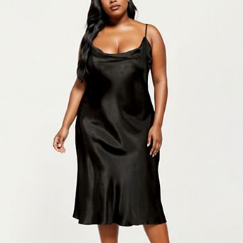Women's PLus Size Satin Midi Slip Dress with Draped Neckline and Smooth Glossy Fabric