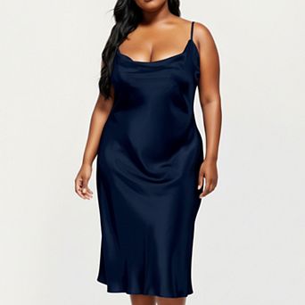 Women's PLus Size Satin Midi Slip Dress with Draped Neckline and Smooth Glossy Fabric