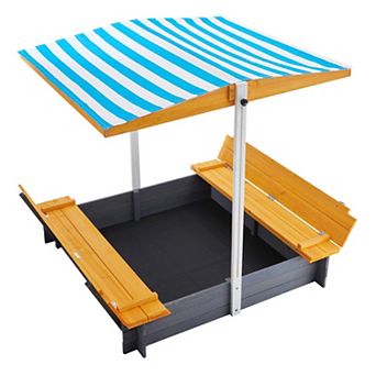 Wooden Sandbox with Canopy and Foldable Bench Seats