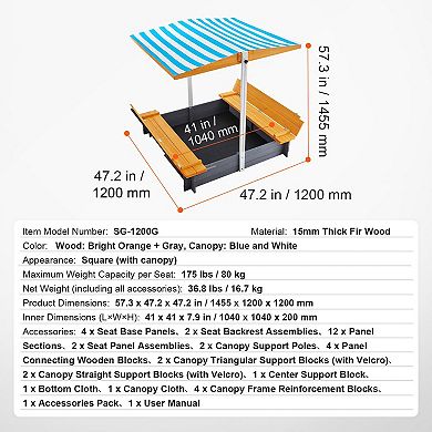 Wooden Sandbox with Canopy and Foldable Bench Seats