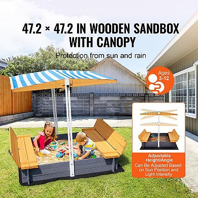 Wooden Sandbox with Canopy and Foldable Bench Seats