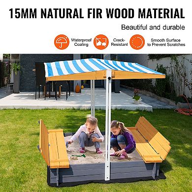 Wooden Sandbox with Canopy and Foldable Bench Seats