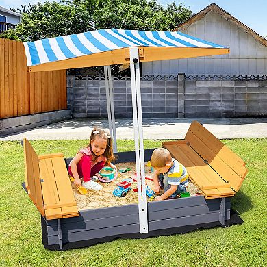 Wooden Sandbox with Canopy and Foldable Bench Seats