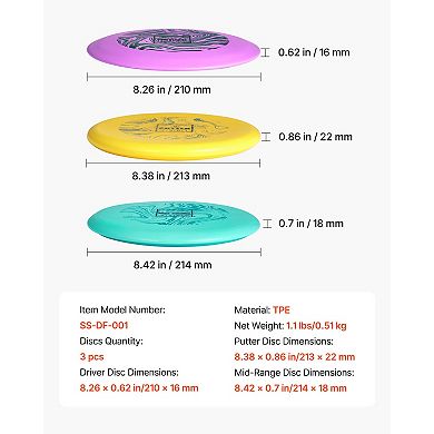 Disc Golf Set 3-Pack Starter Discs with Putter Mid-Range Driver PDGA Approved